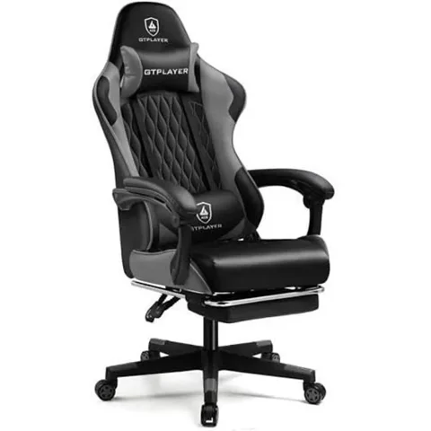 GTPLAYER Chaise Gaming - GTPLAYER - Chaise Gaming Hauteur Réglable - Repose-pied télescopique - Appui-tête et lombaire - Simili PU gris