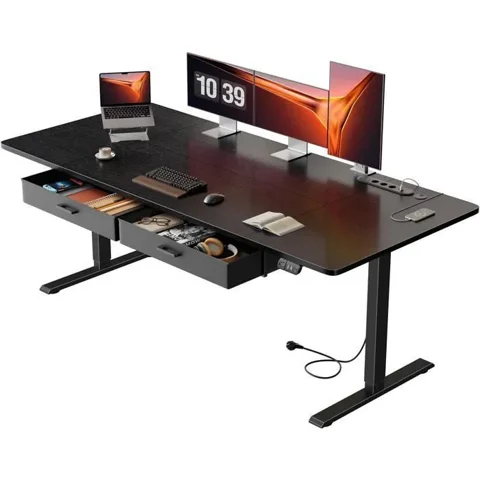 ECOFURNIX ECOFURNIX Bureau Électrique Debout et Assis 180 x 80 cm avec Prise de Courant Intégrée 2 Tiroirs Amovibles Port USB-C Noir