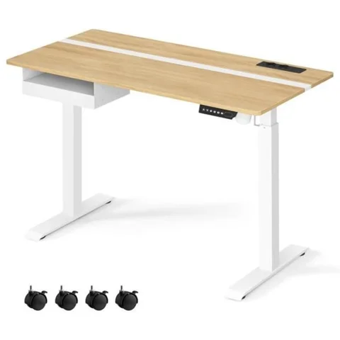 VASAGLE Bureau Électrique Réglable en Hauteur Multiprise Tiroir 60 x 120 cm Réglable en Continu Couleur Chêne Naturel et Blanc Nuage