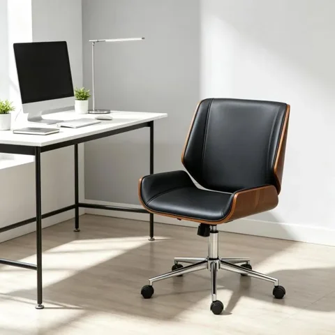VLIVRA Chaise de bureau ergonomique réglable en hauteur pivotante 360° à roulettes dossier haut en bois et métal noir