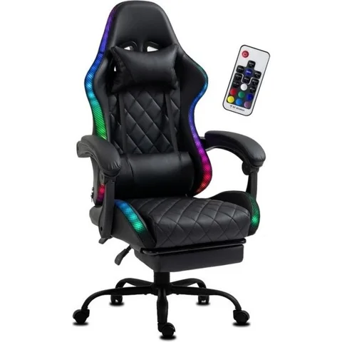 DELMAN Chaise Gaming Ergonomique en Similicuir avec Repose-Pieds et LED RGB Intégrée Fauteuil Inclinable Base Métal Delman Noir