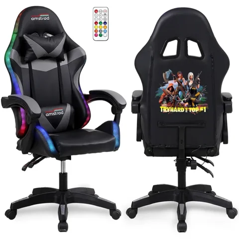 Amstrad Amstrad AMS-900-LED-TOP1 - Fauteuil gaming noir et gris - Serigraphie TRY HARD FOR TOP 1 - Eclairage LED 366 effets Télécommande